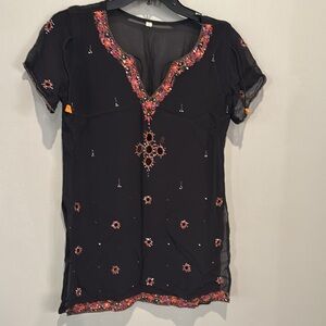Elegant Black Embellished Short Sleeve Tunic